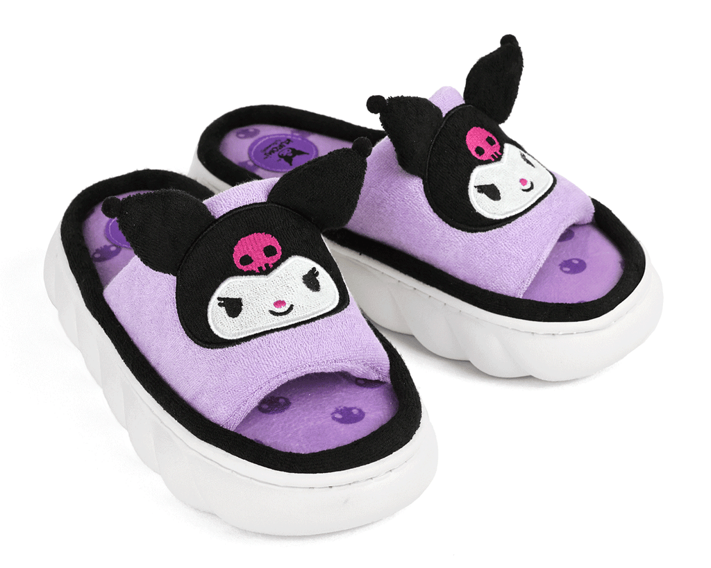 Pair of purple slippers with face of the Sanrio character Kuromi