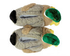 Plush duck slippers seen from above on a white background