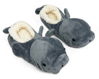 Pair of dark gray plush manatee slippers with fins, tails, and faux-shearling linings