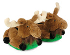 Plush moose slippers with green sole on a white background