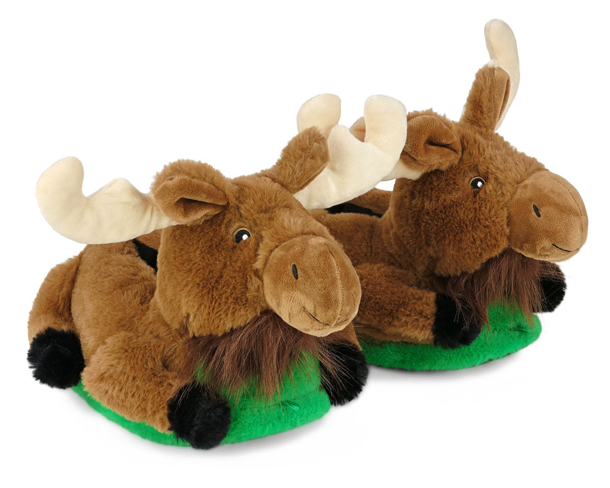 Plush moose slippers with green sole on a white background