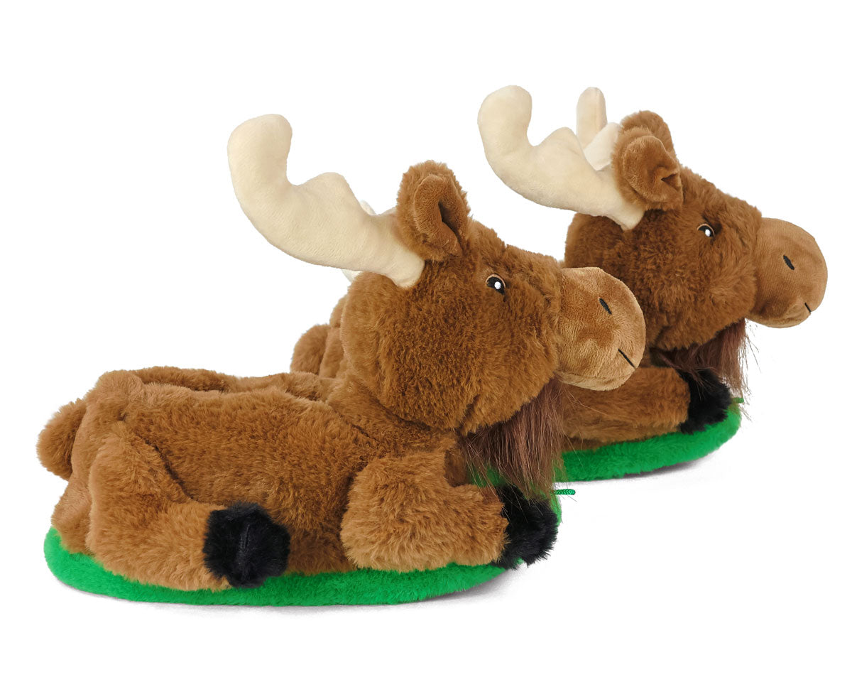 Plush moose slippers on a white background