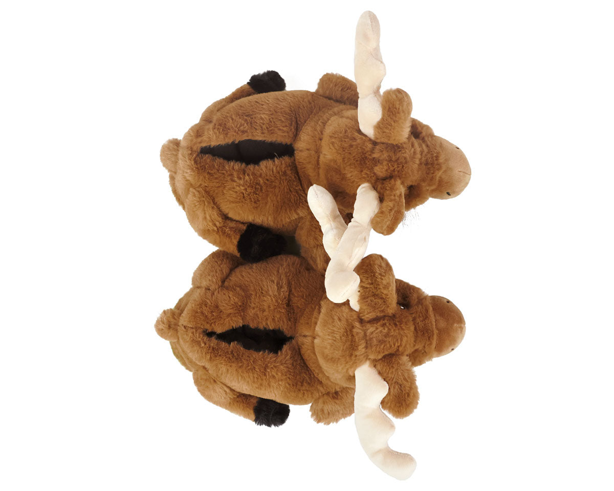 Pair of plush moose slippers as seen from above
