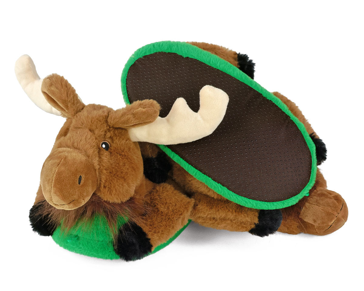 Plush moose slippers with a green and brown design on a white background