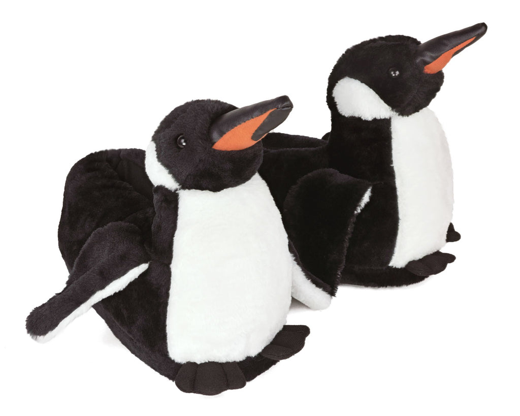 Two plush penguins slippers on a white background