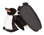 Pair of plush penguin slippers with one shown from below to see the textured sole
