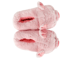 Pair of pink plush pig slippers seen from above, on a white background