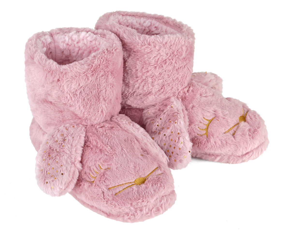 Pair of pink boot style slippers with rabbit face design and ears on a white background