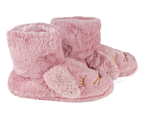 Pair of pink boot style slippers with rabbit face design and ears, seen from the side, on a white background
