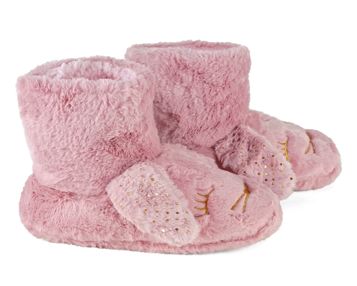 Pair of pink boot style slippers with rabbit face design and ears, seen from the side, on a white background