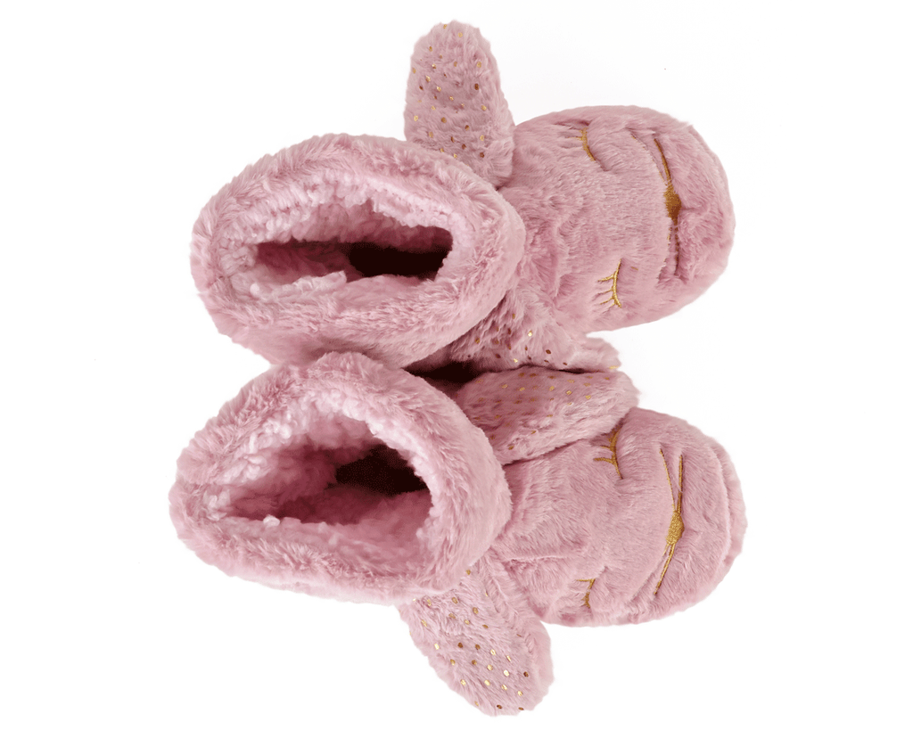 Pair of pink boot style slippers with rabbit face design and ears, seen from above, on a white background