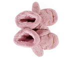 Pair of pink boot style slippers with rabbit face design and ears, seen from above, on a white background