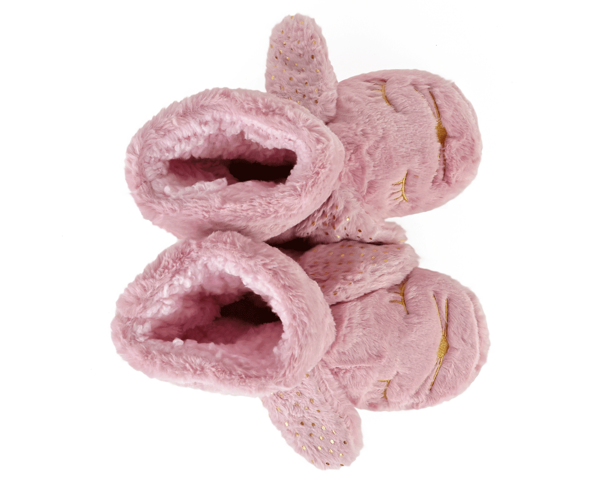 Pair of pink boot style slippers with rabbit face design and ears, seen from above, on a white background