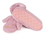 Pair of pink boot style slippers with rabbit face design and ears.  One slipper is turned upside-down to show the non-slip sole.