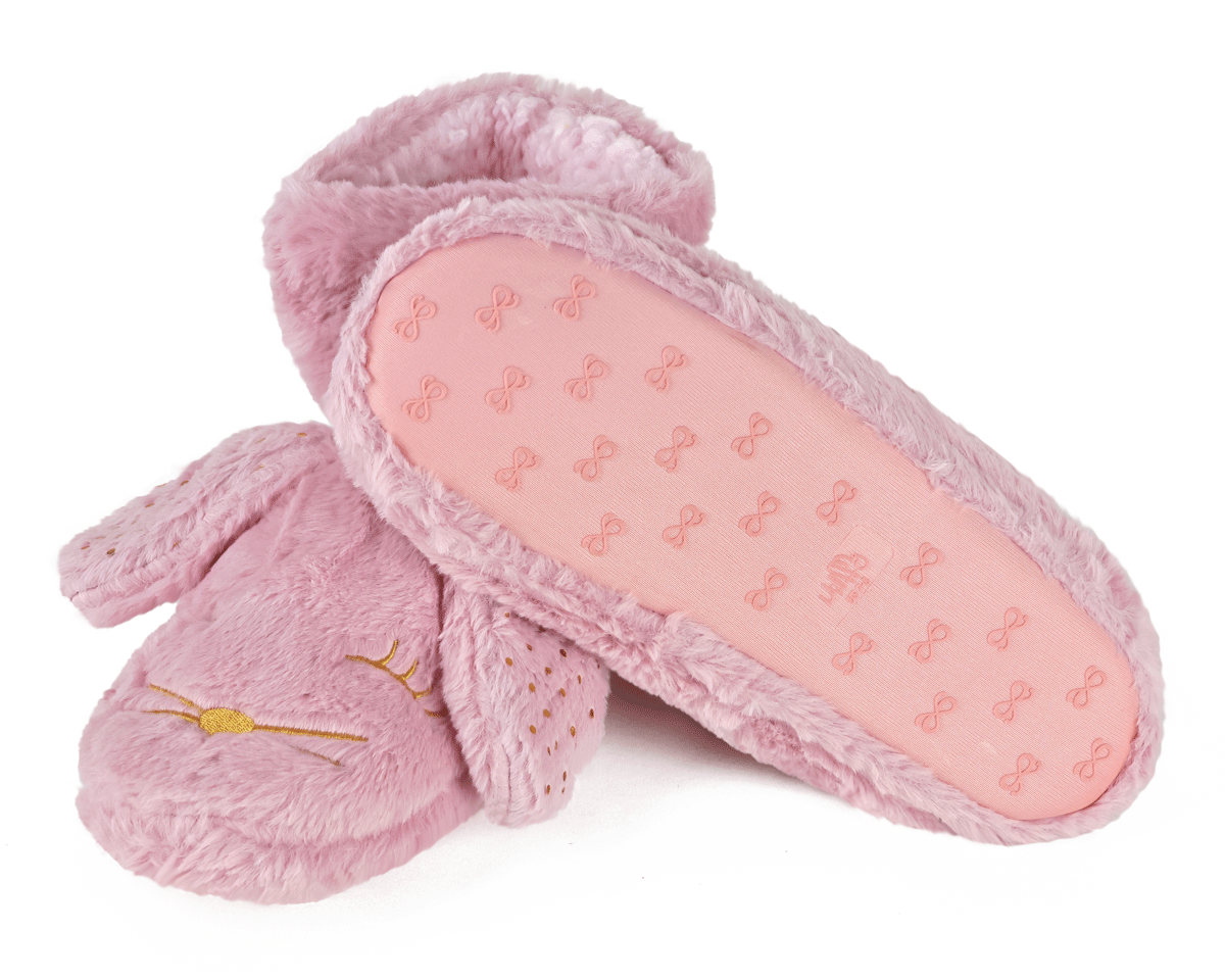 Pair of pink boot style slippers with rabbit face design and ears.  One slipper is turned upside-down to show the non-slip sole.