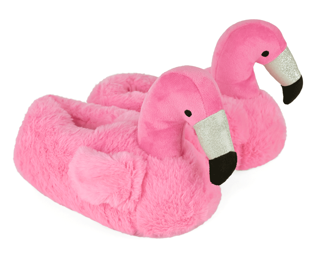 Pair of plush pink flamingo slippers with silver and black beaks.