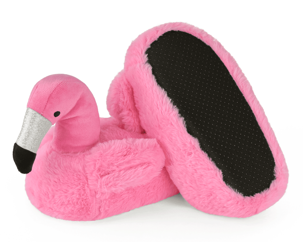 Pink flamingo-shaped slippers with a black sole on a white background