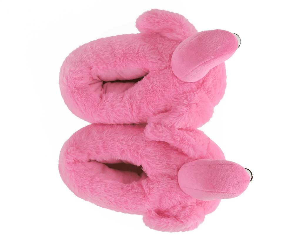 Pink plush slippers shaped like flamingos seen from above on a white background