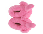 Pink plush slippers shaped like flamingos seen from above on a white background