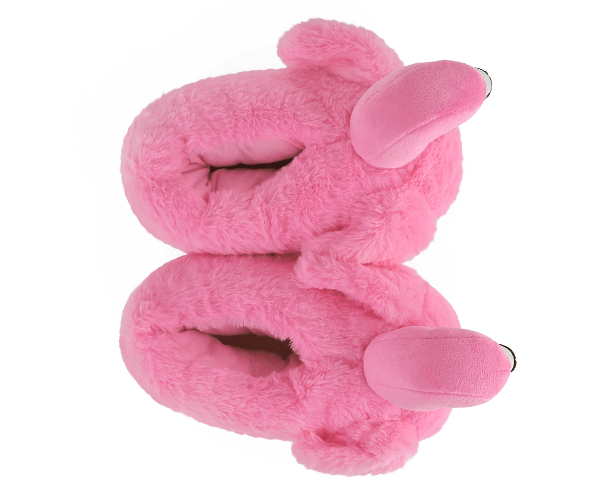 Pink plush slippers shaped like flamingos seen from above on a white background