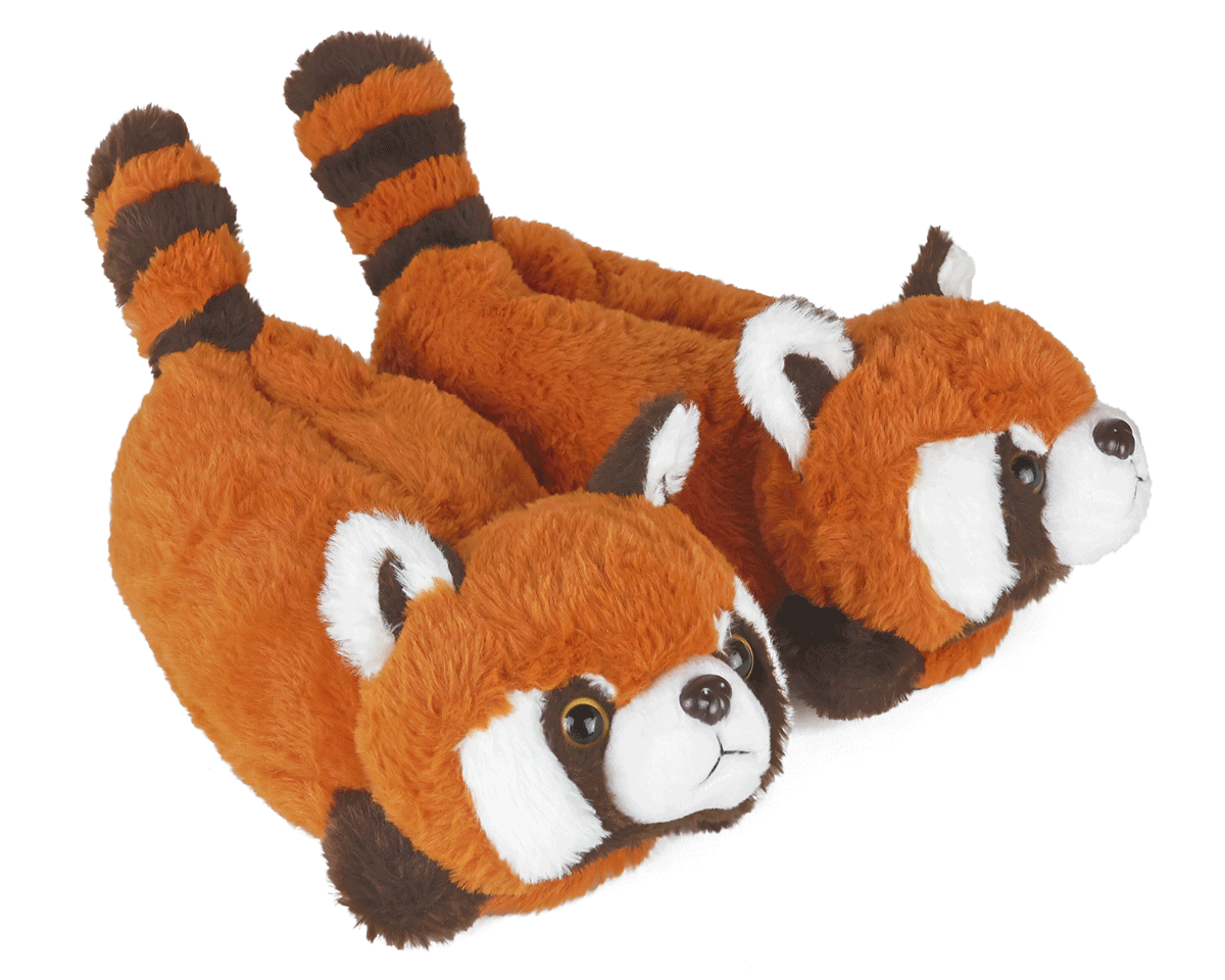 Pair of red panda-shaped slippers on a white background