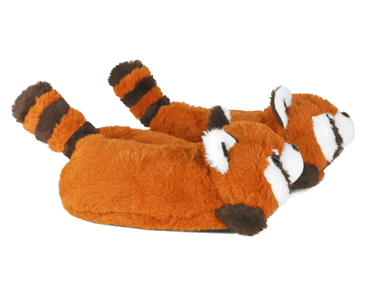 Plush slippers shaped like red pandas, seen from the side, on a white background