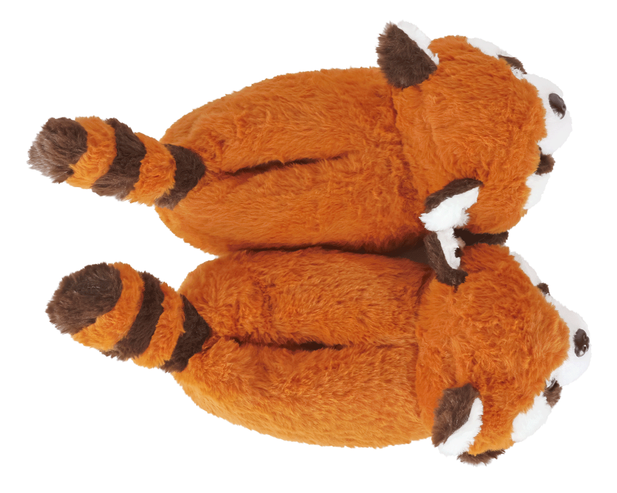 Pair of plush red panda slippers seen from above, on a white background