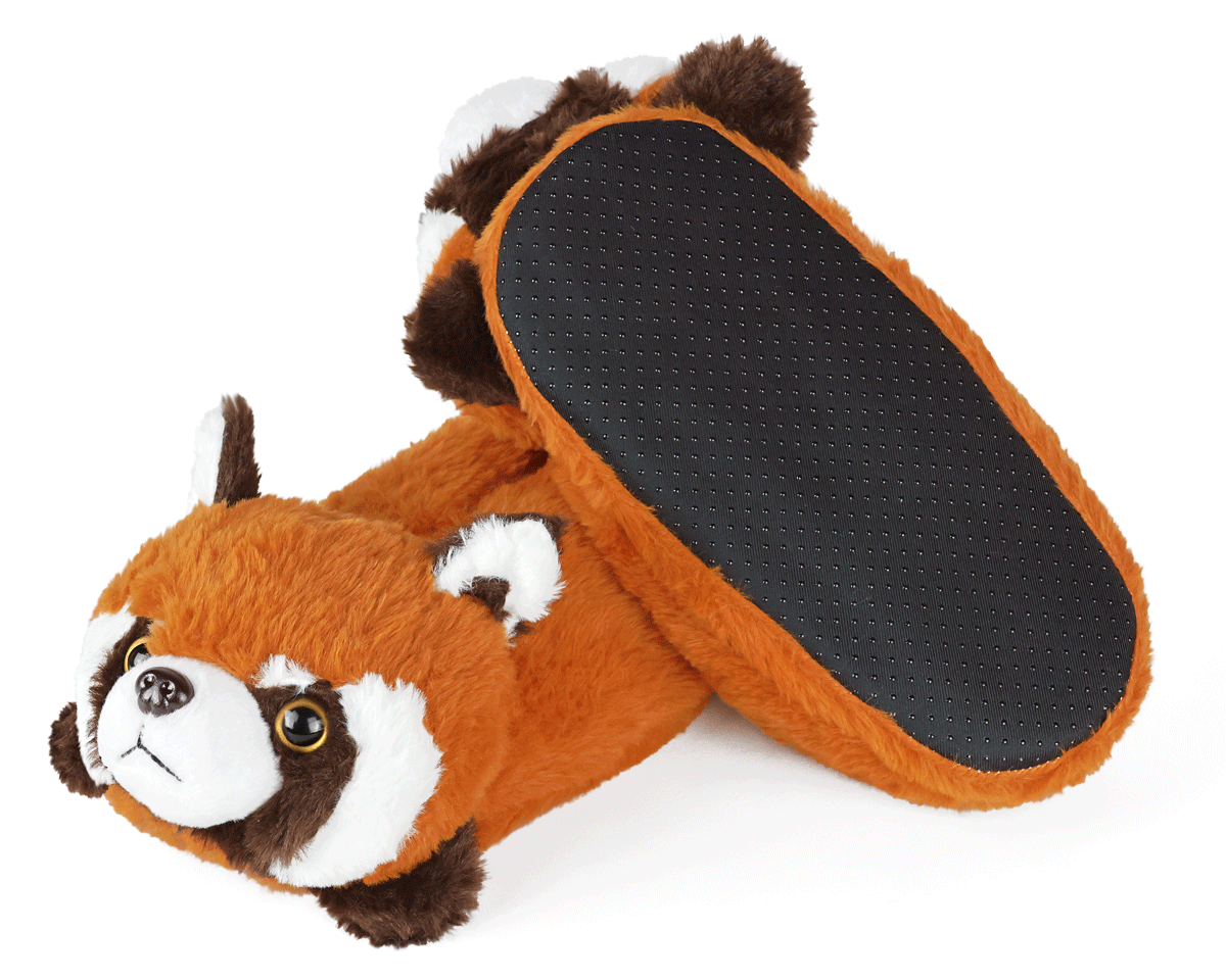 Pair of plush red panda slippers with one slipper turned upside-down to show sole with non-slip grips