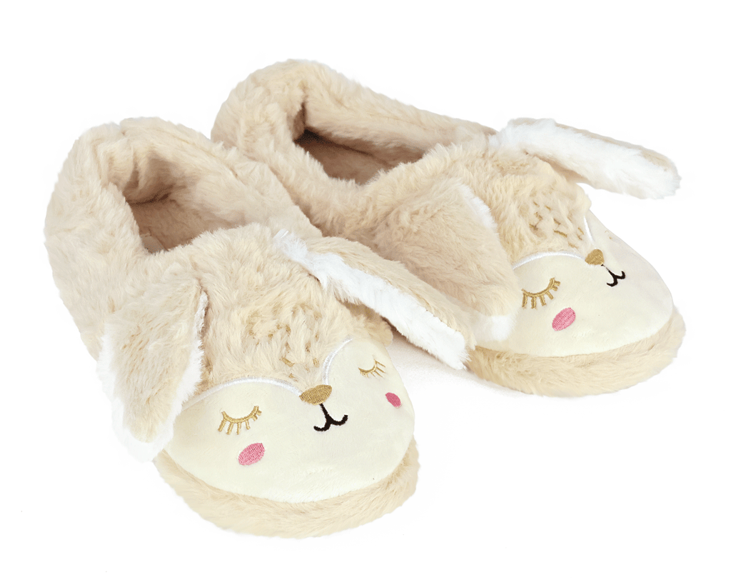 Pair of beige bunny slippers with long ears and embroidered faces on a white background
