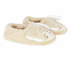 Pair of beige bunny slippers with long ears and embroidered faces on a white background, seen from the side