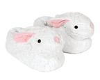 White bunny slippers with pink ears on a white background