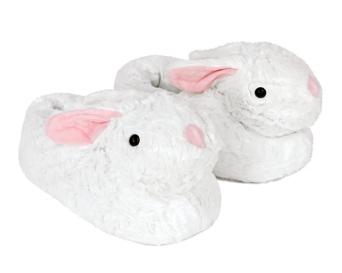 White bunny slippers with pink ears on a white background