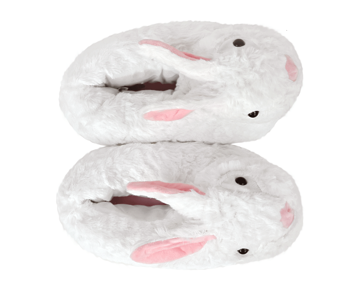 Pair of plush bunny slippers on a white background