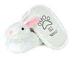 White bunny slippers with pink ears on a white background, one slipper is upside-down to show non-slip grips on soles