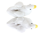 Two white plush goose slippers seen from above
