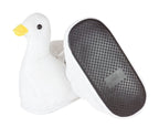 Pair of white goose-shaped slippers; one is flipped upside down to show the molded rubber sole with non-slip grips