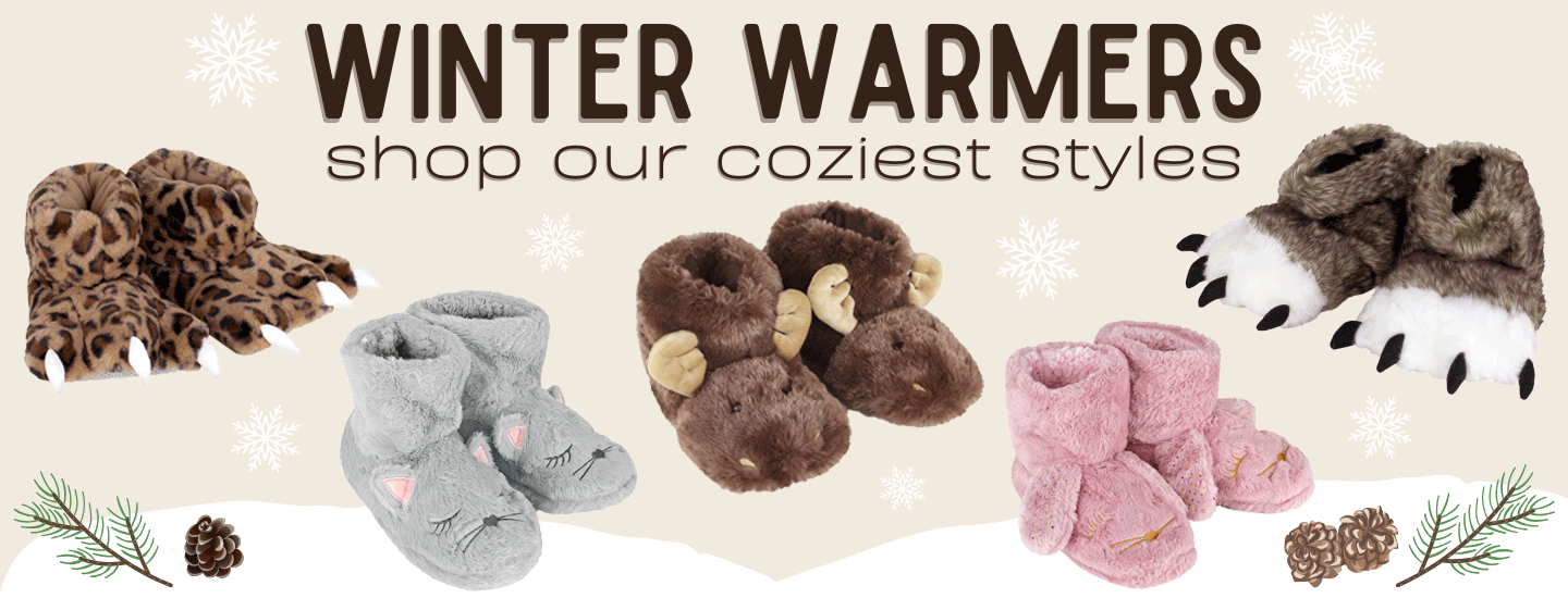 Promotional banner for winter warmers with slipper boots on a beige background.