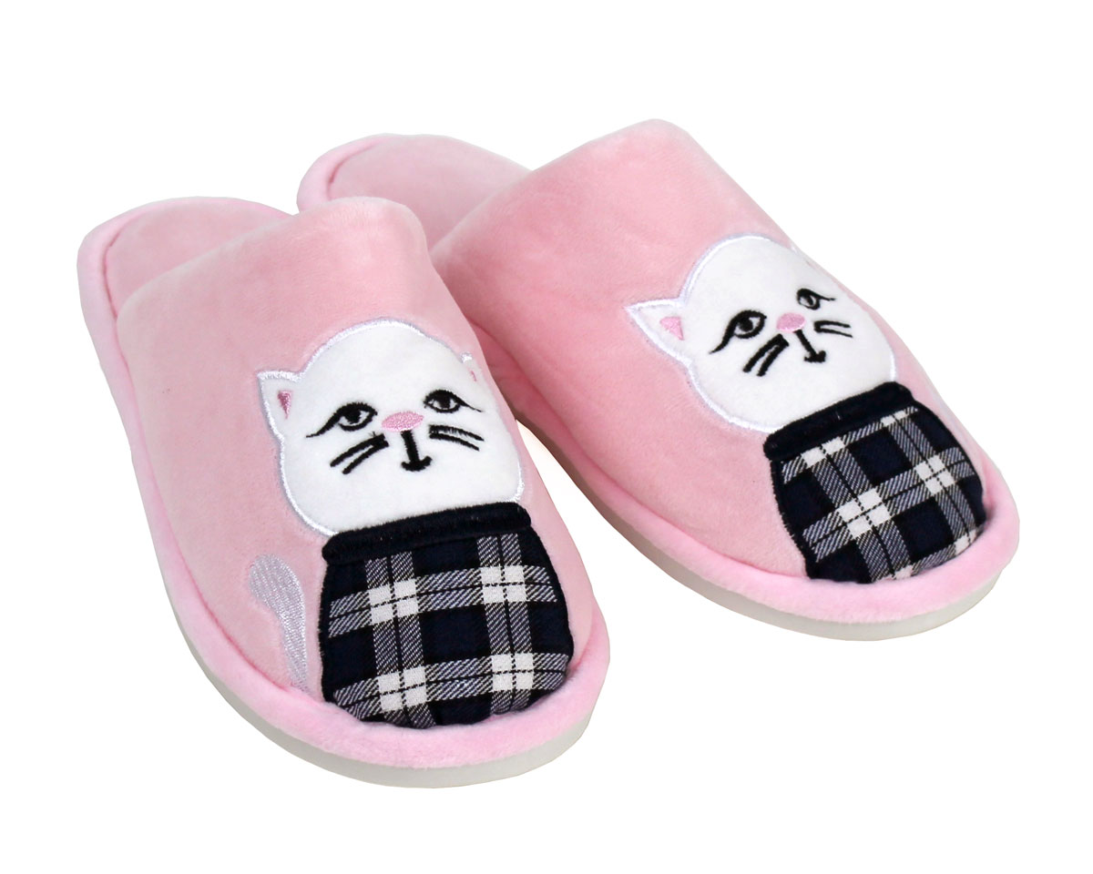 Plaid Cat Slippers | Pink Kitty Scuff Slippers